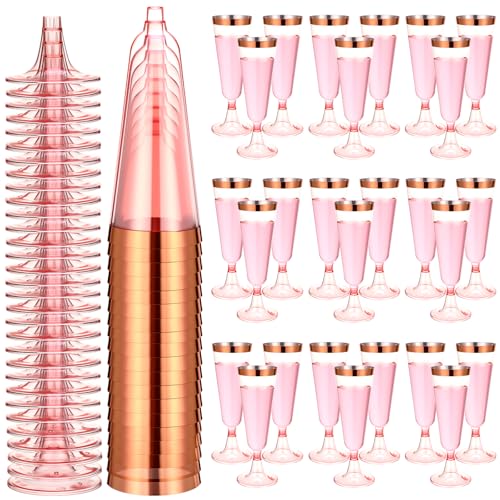 Thenshop 50 Pack Rose Gold Plastic Champagne Flutes 5.5 oz Elegant Clear Disposable Champagne Glasses Detachable Hard Toasting Glasses for Wedding Party Fancy Vino Cocktail Cups (Pink)