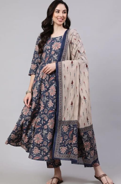 Women Printed Anarkali Kurta Set with Dupatta, Navy Blue and Beige Floral Design (IN, Alpha, XL, Regular)