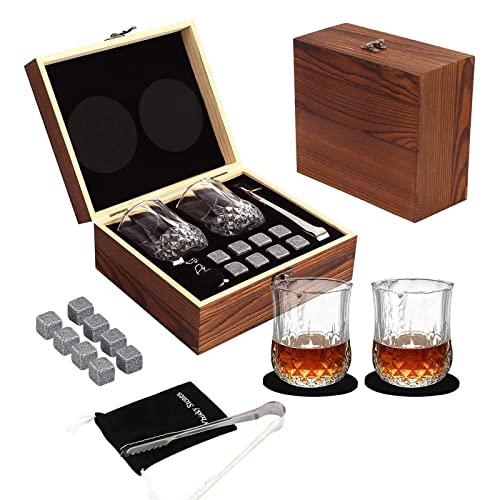 Juego De Regalo De Piedras De Whisky/Cubitos De Hielo Reutilizables Con 2 Vasos, Caja De Regalo Hecha A Mano, 8 Piedras De Granito Para Whisky Y Bolsa De Terciopelo - Regalo Para éL, Padrino, Boda