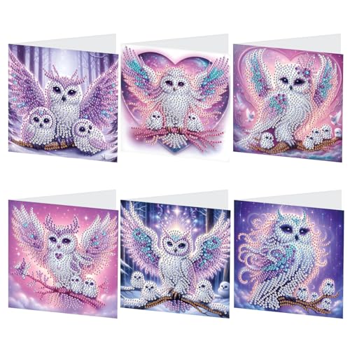 Image of 6 Pack Diamond Art Greeting Card Kits with Envelopes, Special Shaped Diamond Painting Cards, DIY Rhinestone Diamond Art Cards for Birthday Christmas Mother Day (Owl Mother and Owlet, 30x15cm)