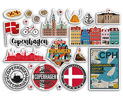 Feuille d'autocollants A5 en vinyle Copenhagen Landmarks – timbres de l'aéroport danois du Danemark, horizon, drapeau, voyage, vacances, scrapbooking, bagages de ville #79114