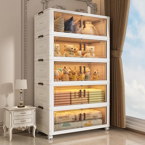 Stackable Collapsible Storage Bins with Lids, Portable Folding Plastic Closet