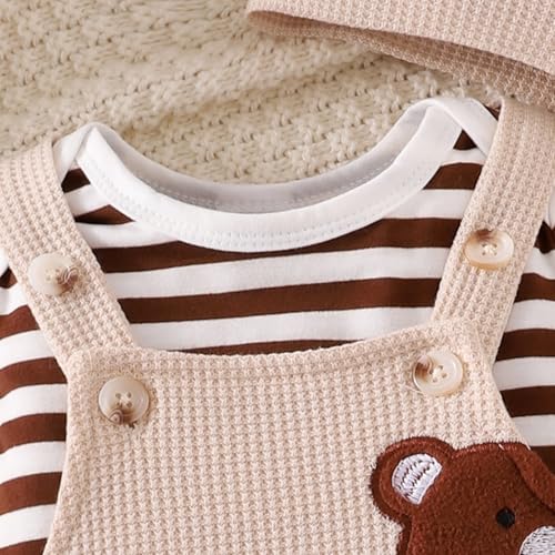 Baby Boy Clothes Newborn Striped Romper Fall Outfits + Infant Cartoon Suspender Overall + Cute Hat 3 Pcs 0-18 Months - Image 5