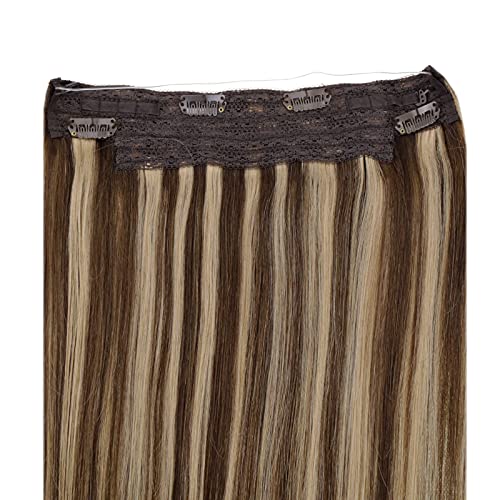 Brown One Piece Hair Extensions Real Human Hair Hidden Crown Hair Extensions #4 Dark Brown Highlight #27 Caramel Blonde Invisible Wire One Piece Hair Extensions with Clips 14 Inch 50g