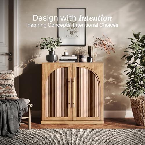 Image of BELLEZE Modular Sideboard with Double-Arc Wood Doors, Small Arched Buffet Cabinet with Storage and Adjustable Shelves, Classic Modern Credenza for Living Room, Kitchen or Entryway(Camel)