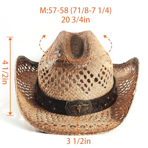 Image of Men's Cowboy Hats Summer Women Beach Cowgirl Hat Raffia Unisex Western Sun Hat