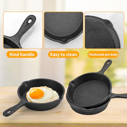 3 Pack 4 inch Mini Cast Iron Skillet with Double Drip-Spouts, 10 cm Small Cast Iron Pan Black, Round Mini Irons Egg Skillet for Frying Oven Grill - Image 5