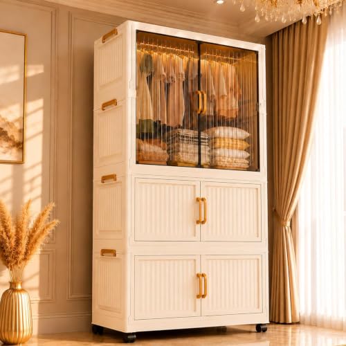 Image of Plastic Wardrobe for Clothes | ๐ ๐๐๐๐๐ Foldable Storage Cabinet with Hanging Space, Transparent Magnetic Doors, Dustproof Portable Closet Organizer for Clothes /Kitchen /Books /Toy - White