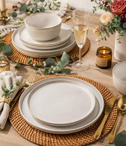 Image of GBHOME Ceramic Dinnerware Sets for 4, 12 Pieces Stoneware Plates and Bowls Sets, Scratch Resistant Dishes, Dishwasher & Microwave Safe, Reactive Glaze