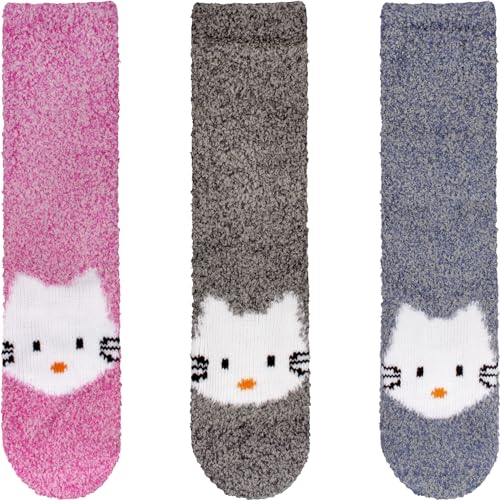 Image of BambooMN Super Soft Warm Cute Animal Face Non-Slip Fuzzy Crew Winter Home Socks, Value Pack