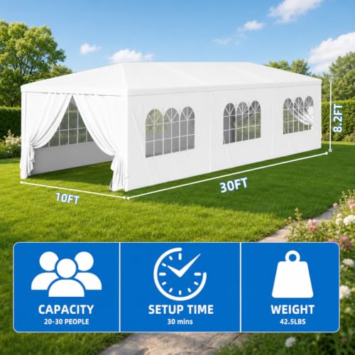 Image of 10'x30' White Party Canopy Shelter Tent, Outdoor Tent with 8 Removable Sidewalls & Transparent Windows for Patio, Backyard, BBQ, Weddings and Outdoor Gatherings