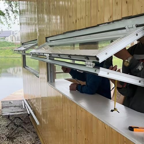 アルミサッシ窓 枠付き 折りたたみ式物置窓、売店用サービス窓、 強化ガラス付きアルミフレーム引き戸窓、 施錠可能な家庭用窓、食品販売用窓(White,26x48in(66x121cm))