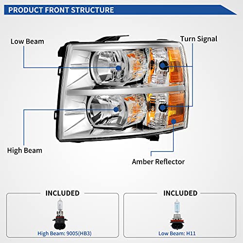 Image of oEdRo Headlights Assembly Compatible with 2007-2013 Chevy Silverado 1500 /2007-2014 Silverado 2500HD 3500HD Replacement Headlamp Chrome Housing Clear Lens Amber Reflector
