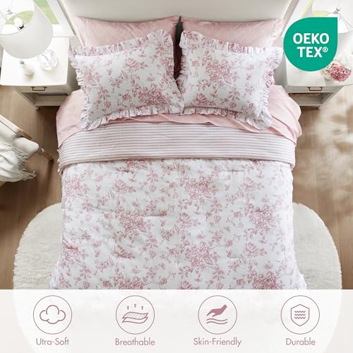 Image of Madison Park Essentials Adele Pink Floral Cal King Size Comforter Set - Vintage Bed in a Bag with Sheets, Reversible Ruffle Bedding, Elegant Gift for Her