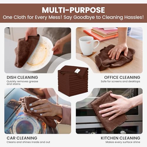 Image of SIFANGKE Microfiber Cleaning Cloth, 12 Pack Brown Cleaning Rags for Housekeeping, Reusable Microfiber Towels for Car, Kitchen, Bathroom and Household Cleaning Supplies, 11.8 inchX11.8 inch