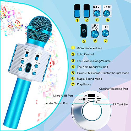 FISHOAKY Wireless Bluetooth Karaoke Microphone, 3 in 1 Portable Kids Karaoke Mic Player with colorful LED and Magic Voice, for Home, KTV, Camping, Birthday Party
