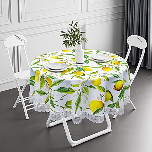 Vva Round Tablecloth Yellow Lemon Lace Tree Leaf Spring Summer Fruit Reusable Washable Polyester Lace Round Table Cloth For Dining Room Kitchen Decor Family Dinner Wedding Party Indoor Outdoor 60Inch #TOP5