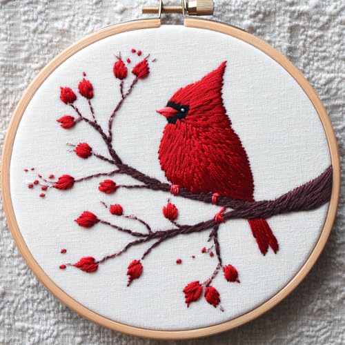 DIY Punch Needle Kits for Beginners Cute Red Cardinal on Tree with Hoop Embroidery Punch Needle Starter Set Easy for Adults and Kids Festival Gift and Decor 20x20cm-2