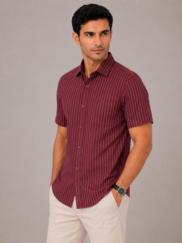 Image of MARK & ALBERT Men's Half Sleeve Cotton Linen Striped Shirt