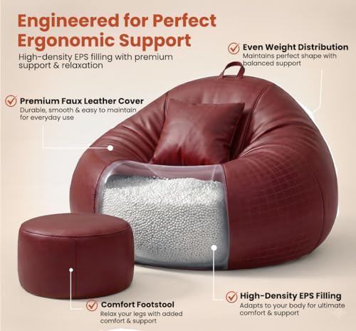 Image of Sattva Classic 2XL Bean Bag Chair with Beans Filled | Sofa Style Faux Leather Beanbags with Footstool & Cushion | Pre-Filled Bin Bags Sofa & Beam Bag for Adults | Home & Office, Tan