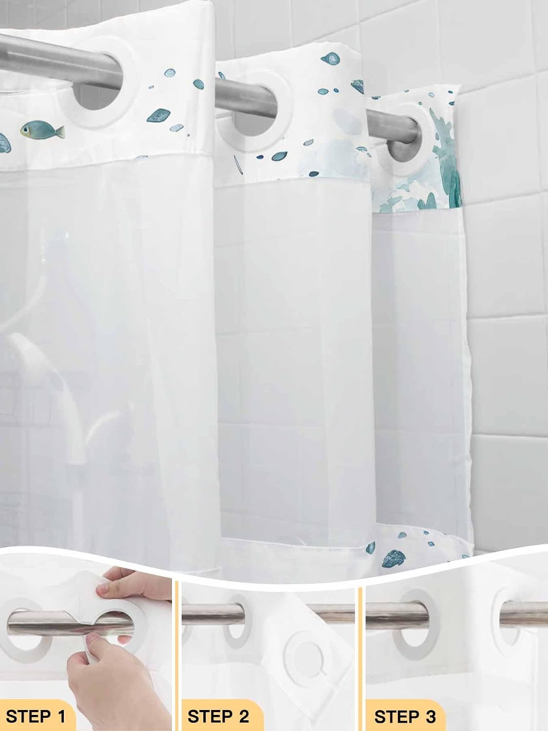 No Hook Shower Curtain with Snap in Fabric Liner Set Sea Turtles Shower Curtain for Bathroom Ocean Fish Coral Bath Curtains Waterproof Inner Liner with See Through Top Window for Spa Hotel 72x78