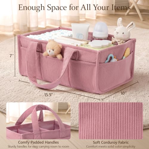 Image of Corduroy Baby Diaper Caddy Organizer with Handles, Nursery Storage Basket
