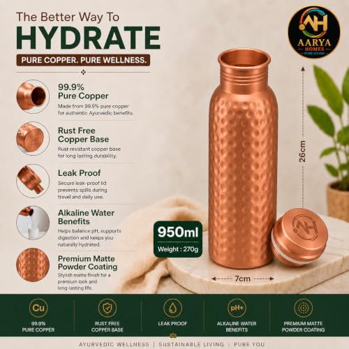 Image of Pure Hammered Copper Water Bottle (950ml) | BPA-Free | Leak Proof | 99.9% Pure Copper | Anti Oxidant Properties | Ayurveda Inspired | Drinking Bottle For Home, Office & Gym | PURE LIVING.