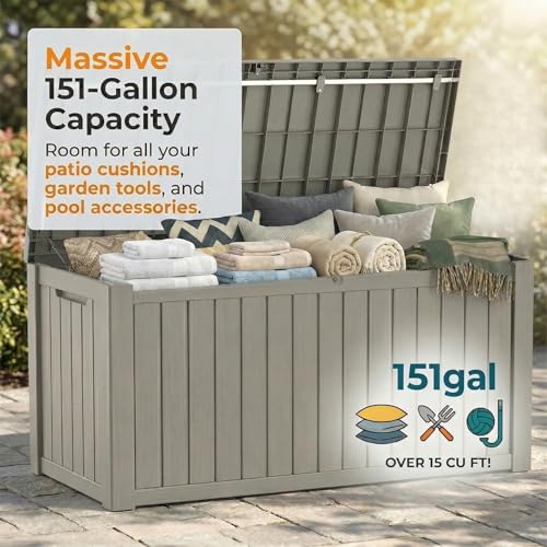 Image of 151 Gallon Resin Deck Box with Lockable Lid - Heavy-Duty Outdoor Storage for Patio Furniture, Garden Tools, Pool Accessories, BBQ Supplies - All-Weather Wood Grain Design