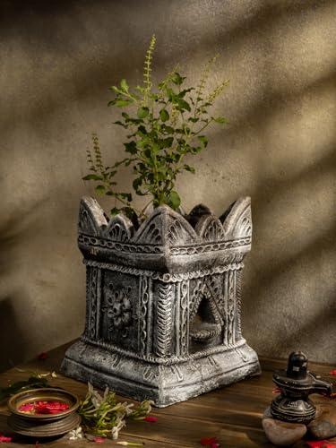 Village Decor Handgefertigter Terrakotta-Tontopf für Gartenarbeit / Brindavan Tulsi, Basilikum-Pflanze, Schwarz (B-H...