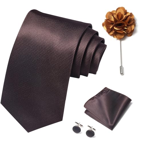 Image of Solid Color Ties Set Men Handkerchief Cufflinks Brooch 3.15 inches Classic Formal Necktie Pocket Square Set