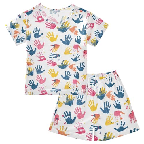 ALAZA Colorful Handprint Paw Print Pajamas Set Short Sleeve Cotton Sleepwear Summer Pjs 2 Piece 5-14Y