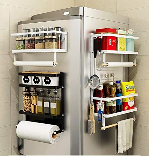 Refrigerator Magnetic Spice Rack,Foldable Kitchen Magnetic Side Storage Organizer Shelf with Wooden Holder,White