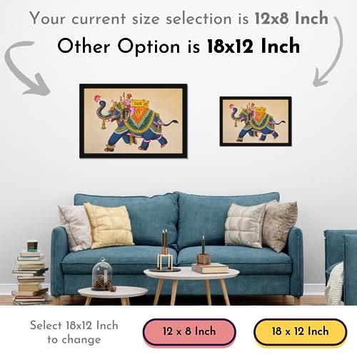 Image of Mad Masters Elephant Rajasthani Art Painting Aesthetic Hanging Photo Frame Decorative Item Home Decoration and Wall Decor for Living Room and Bedroom (MM 1446, 30.5L x 20.3W cm, Canvas, With Plexi Glass)