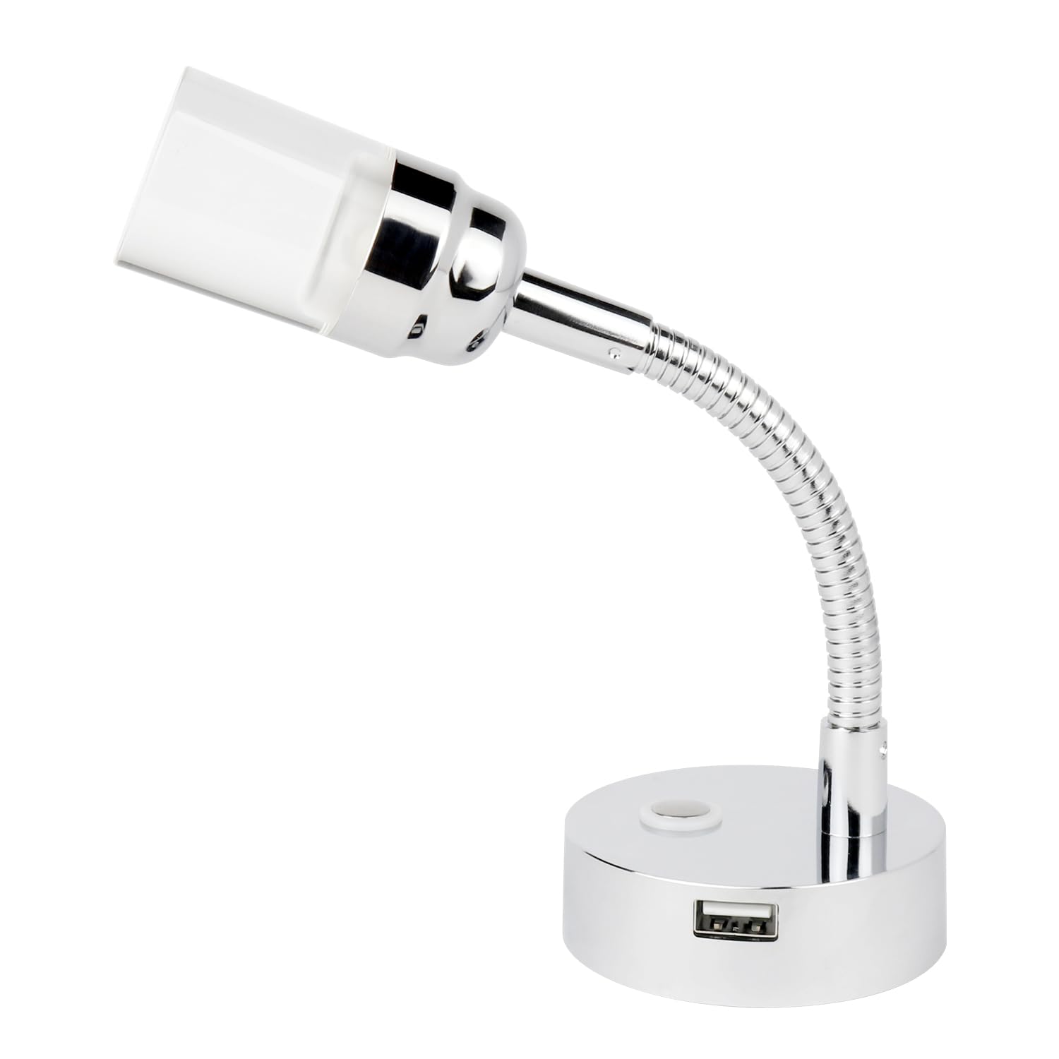 lighteu 12V/24V 2W Luz de lectura LED de pared con cuello de cisne Foco F3 con interruptor de lente de empuje y puerto USB Acabado cromado Barco Yate Caravana
