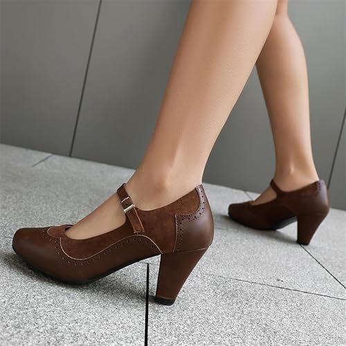 Image of Elerhythm Women's Mary Jane Classic and Retro 1920s Pump Heels Gatsby Oxford Pattern 1950s Pinup Vintage Round Closed Toe 1940s Ankle Strap Dress Shoes