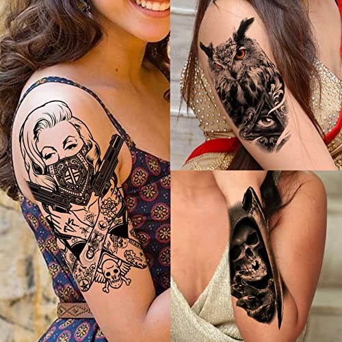 Yezunir 63 Sheets Black Wolf Tiger Lion Temporary Tattoos For Women Men Kids Arm Sleeve, Halloween Scary Skull Skeleton Fake Tattoo Stickers Adults, 3D Long Lasting Tattoos Temporary Tribal Owl Flower #TOP3