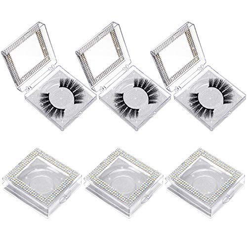 6 Pieces Empty False Eyelash Packaging Boxes Rhinestone Square Eyelash Storage Boxes Plastic Lash Cases with Glitter Paper and Clear Tray for Women Girls (Silver)