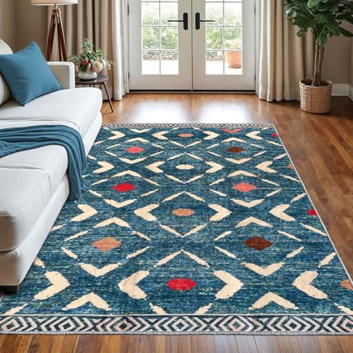 KILOCOCO Living Room Rug 5x7 Area Rug Printed Boho Washable Bedroom Rugs Non Slip Soft Large Moroccan Rubber Backed Indoor Rugs for Dining Room Office Farmhouse Geometric Carpet, Teal/Blue