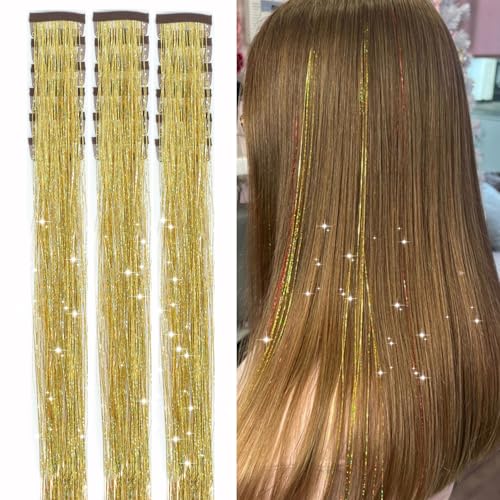 18pcs Hair Tinsel Clip in Hair Tinsel Kit Glitter Tinsel Hair Extensions 20Inch Sparkling Fairy Hair Tinsel Shiny Hair Accessories for Women Girls Kids (Gold)