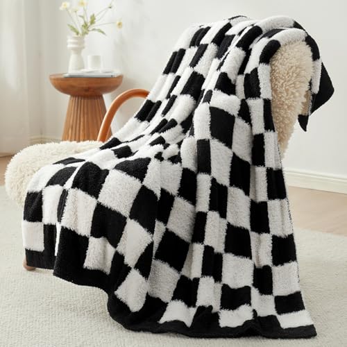 Snuggle Sac Faux Fur Throw Blanket for Couch,Black Checker Blanket,