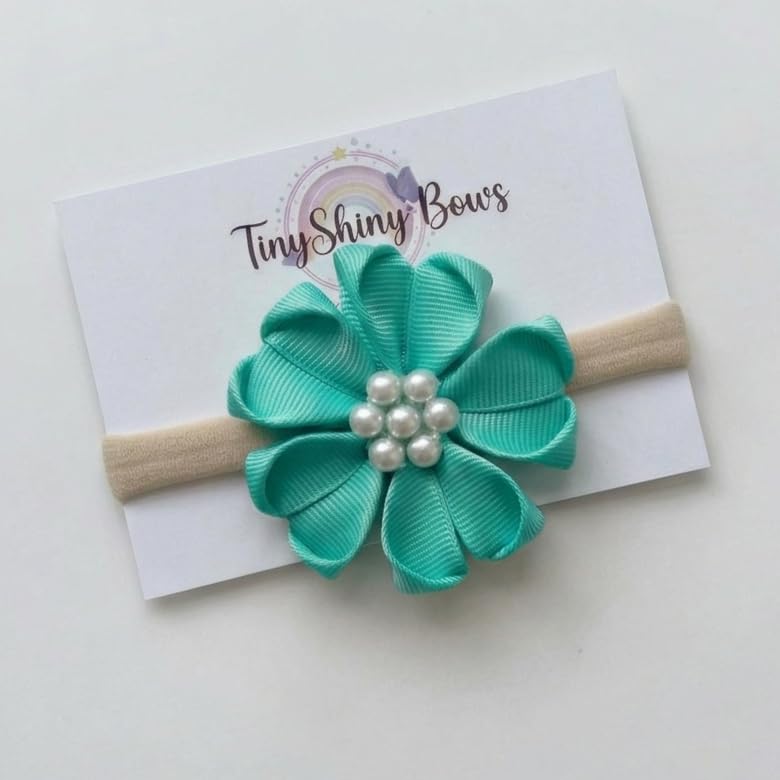 Image of Baby Girl Flower Headband with Pearl Center - Soft Stretch Nylon Hair Band for Infants, Toddlers & Kids (30+ Colors Available) (Aqua)
