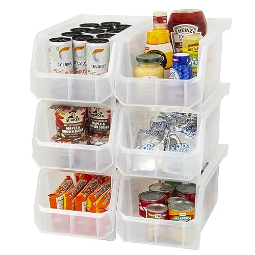 Plastic Containers for Organizing and Storage Bins for Closet, Kitchen, Office, Garage or Pantry Organization, Stackable Bins, Large (14.8″ x 8″ x 7″), 6-Pack, Clear