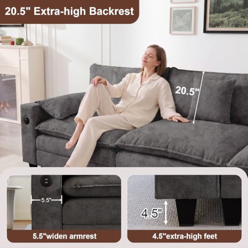 Image of KCGKCG 116 inch 3-Seater Cloud Sofa, Modular Sectional Couch, Chenille Deep Seat Cloud Couch with Charging Station, Cup Holder, Side Pocket, Double Layer Seat Cushion Couches for Living Room, Grey