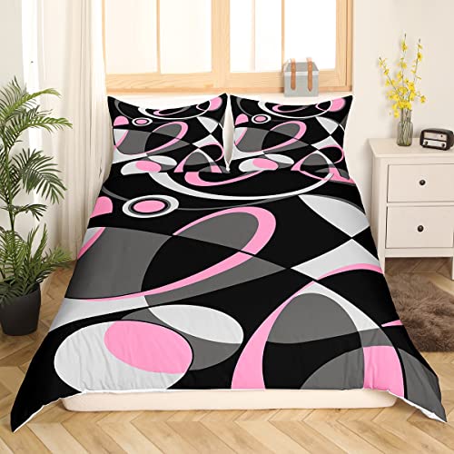 Feelyou Pink Grey And Black Comforter Cover Retro Circle Geometry Bedding Set Modern Abstract Art Duvet Cover For Kids Boys Girls Geometry Swirl Bed Set Luxury Room Decor Queen Size  thumb #1