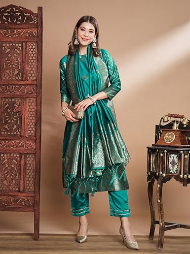 Image of VredeVogel Women's Cotton Silk Jacquard, Banarasi Silk Kurta Pant With Dupatta Set