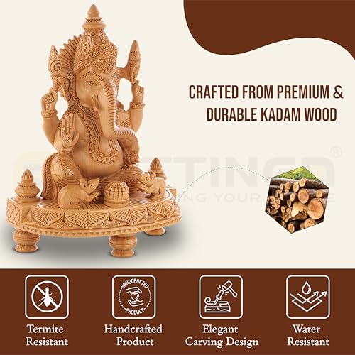 Image of Wooden Ganesh Idol /Handcraft Four Arm Ganesh Murti /Wooden Ganesha Statue for Home Decor /Ganpati Murti for Home Temple, Pooja Room, Office & Festive Gifting (9.44 Inch)-| 3 Years Warranty |