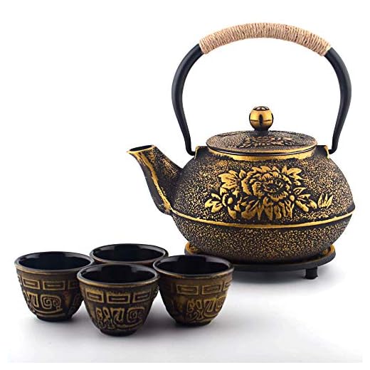 6-piece Japanese Cast Iron Pot Tea Set with Trivet, Golden Peony (40 oz)