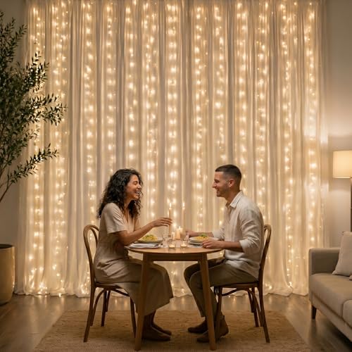Image of Just Party Backdrop Setup with Drapes & Fairy Lights - White Sheer Curtain with Warm LEDs for Elegant Wedding, Engagement, Baby Shower, Photoshoot, Anniversary & Birthday Decoration for Home or Event