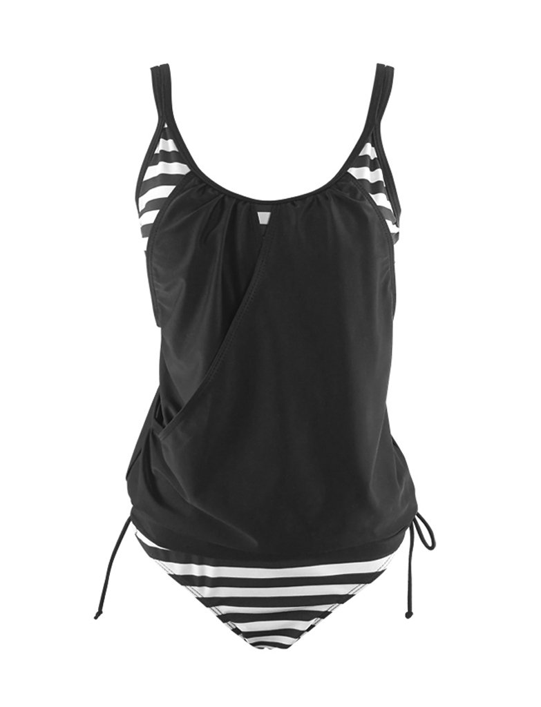 Womens Stripe Lined Up Top Tankini Sets Swimwear (12-14, Black)