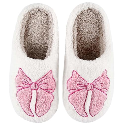Bow Slippers For Women, Womens House Slippers, Cute Fall And Winter Pink Plush Fluffy Warm Indoor Slippers